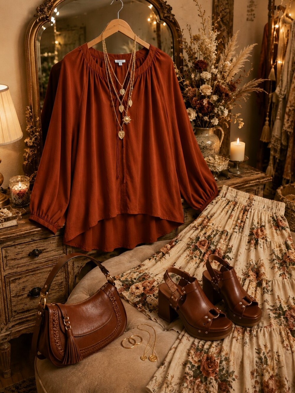 A New Day Linen Blend Rust Boho Blouse XXL | Tie Neck Peasant Top | Relaxed Flow - Picture 2 of 10